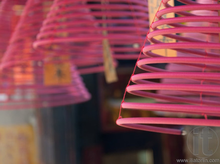 Spiral incense sticks burning in Kwun Yam Temple. Hong Kong.