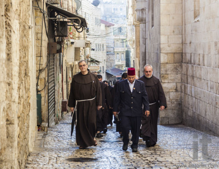 Franciscan Fathers on Friday via Dolorosa procession. Jerusalem.