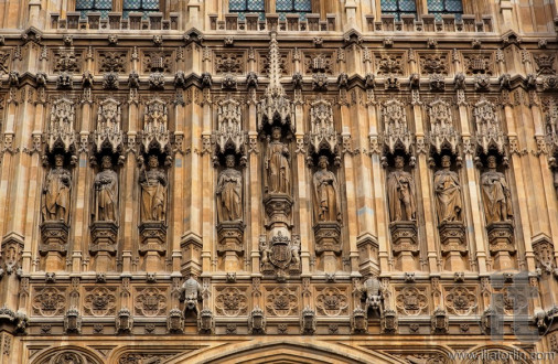 Facade above Sovereign's Entrance. The Houses of Parliament. London. UK.