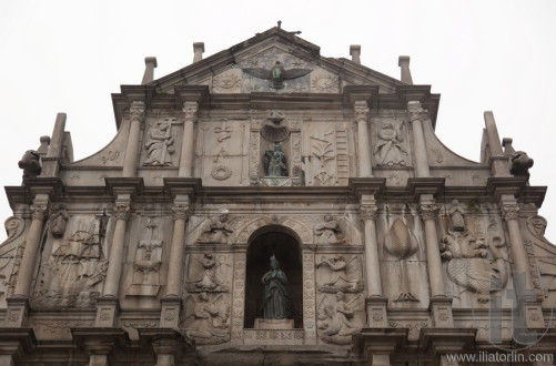 Facade Detail of ruined St Paul's church. Macau. China