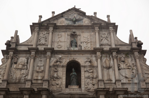 Facade Detail of ruined St Paul's church. Macau. China