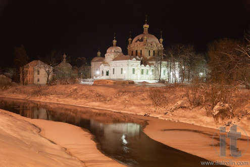 Cathedral of the Annunciation and river gzhat at night. Gagarin (former Gzhatsk). Russia.