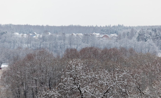 Forest and holiday village in distance after heavy snowfall. Moscow region. Russia.