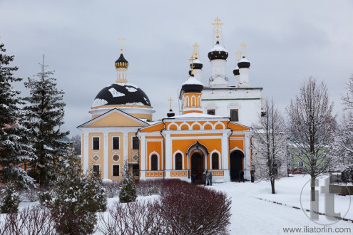 Orthodox monastery Davidova Pustin and Assumption church of the Blessed Virgin Mary in winter. Chekhov. Moscow region. Russia.