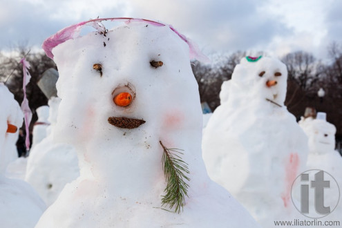 Snowmans in Gorky Park. Moscow. Russia.