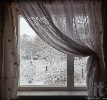 View from  country house window in winter. Moscow region. Russia.