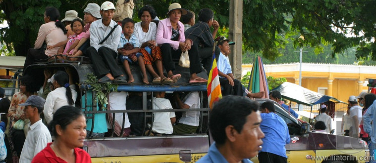 Overcrowded bus. Phnom Penh. Cambodia.