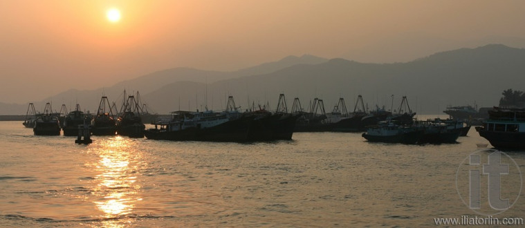 Sunset. Boats in Cheung Chau. Hong Kong.