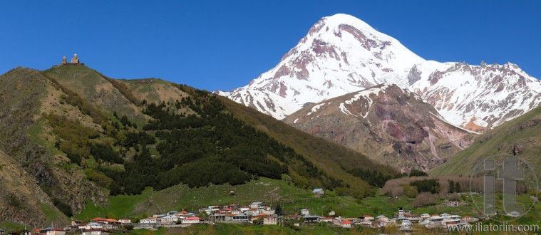 Gergeti Trinity Church and Mount Kazbek. Georgia.