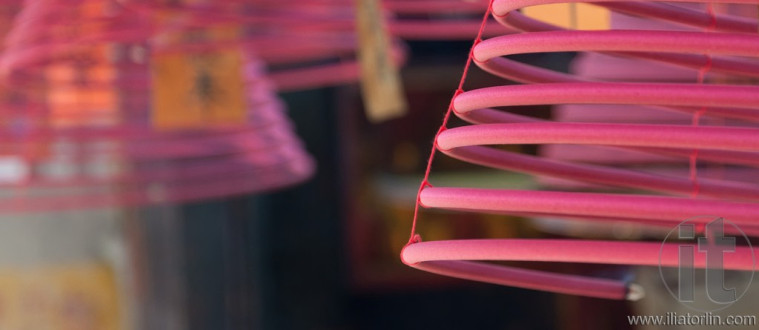 Spiral incense sticks burning in Kwun Yam Temple. Hong Kong.