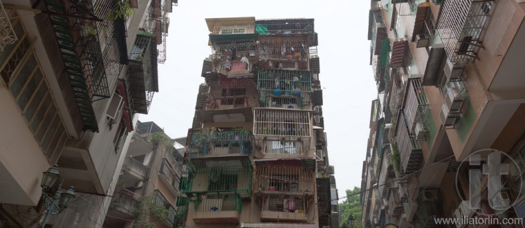 Typical old style blocks of apartments in Macau. China.
