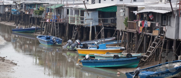 Tin houses and small boats of Tai O fishing Village. Hong Kong.