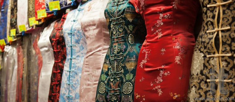 Chinese style dresses. Temple street market. Hong Kong.