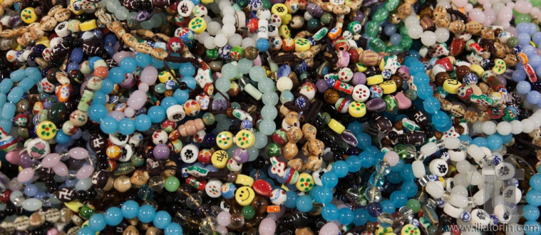 Colorful bracelets.Temple street market. Hong Kong.