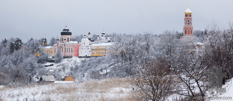 Orthodox monastery Davidova Pustin and Assumption church of the Blessed Virgin Mary in winter. Chekhov. Moscow region. Russia.