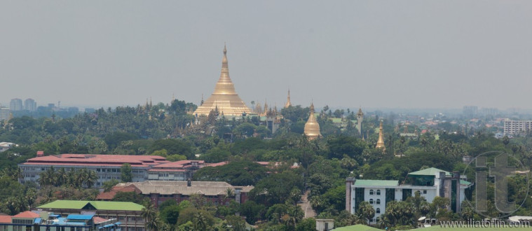 Bird's eye view of shwedagon paya (pagoda) stupa. Yangon. Myanmar.