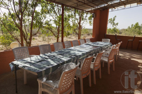 Long table and chairs on veranda. Turmi. Ethiopia. Africa.