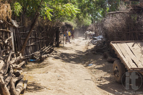 Street in traditional village of Dassanech tribe. Omorato, Ethio