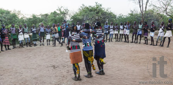 Boys and girls at the traditional evangaty ceremony. Turmi, Ethi