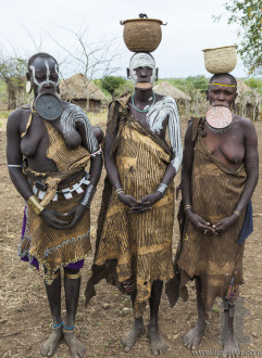 Women from Mursi tribe in Mirobey village. Mago National Park. O