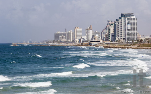 Skyline, and beaches of southern Tel Aviv. Israel.