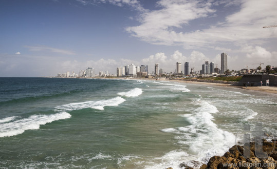 Skyline, and beaches of southern Tel Aviv. Israel.